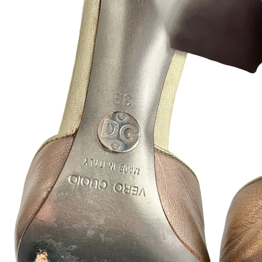 VTG Dolce & Gabbana D&G Leather Metallic T-Strap Peep Toe Mirror Block Heels - Picture 6 of 13
